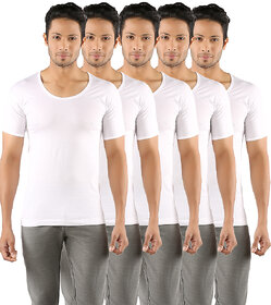 Solo Men's Versatile White Cotton Round Neck Fine Vest with Half Sleeves (Pack of 5)
