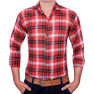                       Acro Fly Men's Red Checks Regular Collar Polyester Blend Regular Fit Shirt                                              