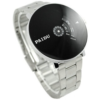                       New Men look Stainless Silver Band PAIDU brand handsome and wise Wrist Watch Black Turntable Dial Men's Gift                                              