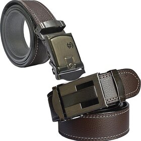 Sunshopping Formal Brown Leatherite Belt With Clamp Buckle For Men - Pack Of 2