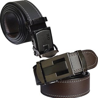 Sunshopping Men's Black And Brown Leatherite Auto Lock Buckle Belt (Pack Of 2)