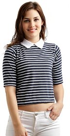 Miss Chase Women's Navy Blue and White Half Sleeves Round Neck Striped Crop Top
