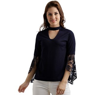                       Miss Chase Women's Navy Blue Round Neck 3/4 Sleeve Solid Lace Semi Sheer Split Sleeve Choker Style Top                                              
