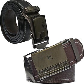 Sunshopping mens black and brown leatherite auto lock buckle belt (pack of two)