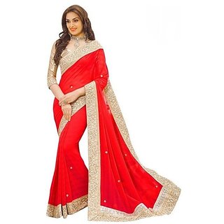 G Jelly Fashion Women's Red Colour lycra Stone work designer sari with blouse piece