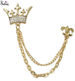 Men Style King Crown Metal Brooch Pin Men  Chain Crystal Rhinestone Tassel Brooch For Men