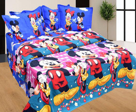 Cartoon Micky Mouse Printed Double Bed Sheet With 2 Pillow Covers