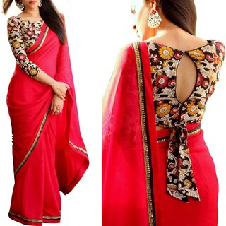 Meia Red Georgette Lace Saree With Blouse