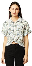 Women's Multicolored Round Neck Short Sleeve Printed High Low Buttoned Knotted Crop Shirt