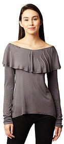 Women's Grey Round Neck Full Sleeves Solid Ruffled Top