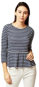 Women's Navy Blue and White Round Neck 3/4 Sleeve Striped Gathered Peplum Top