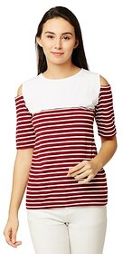 Women's Maroon and White Round Neck Half Sleeve Striped Cold Shoulder Top