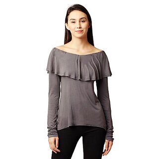 Women's Grey Round Neck Full Sleeves Solid Ruffled Top