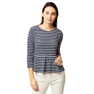                       Women's Navy Blue and White Round Neck 3/4 Sleeve Striped Gathered Peplum Top                                              