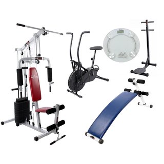 Lifeline Fitness Equipment Setup of Home Gym 002 Curve Bench 5501A Air Bike 103 Standing Twister and Manual Weighing