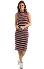 Miss Chase Women's Maroon and White Round Neck Sleeveless Striped Bodycon Dress