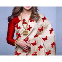 Bhuwal fashion Cream Red Silk Printed Saree With Blous