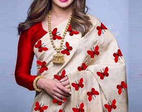 Bhuwal fashion Cream  Red Silk Printed Saree With Blouse