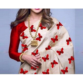 Bhuwal fashion Cream  Red Silk Printed Saree With Blouse