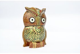 Wooden Owl Idol Fine Emboss Showpiece Figurine Statue Good Luck Sign (Wood,Multi Color)