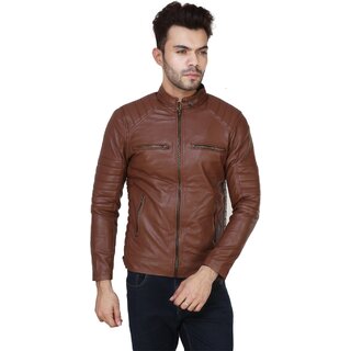                       Demind Brown Pu Leather Casual Plain Jacket For Men, Boys                                              