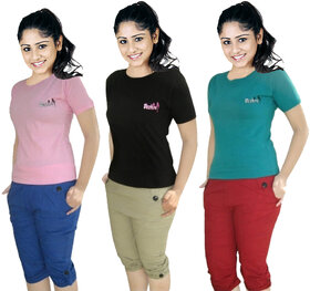 AdiRattan Combo of 3 T-Shirt  3 Capri for Girls/Women