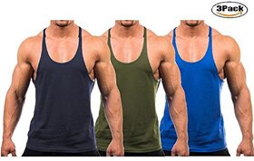 The Blazze Men's Blank Stringer Y Back Bodybuilding Gym Tank Tops Pack of 3