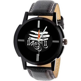                       Designer MAHADEV Dial Print Black Leather Belt Men Watch - For Boys                                              