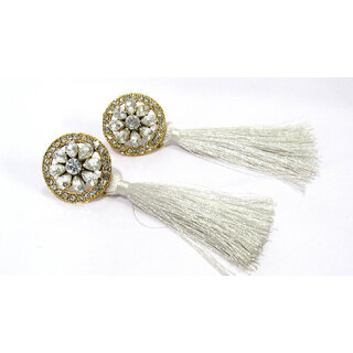 White StoneSilk Fringe Thread Drop Tassel Dangle Earring White StoneSilk Fringe Thread Drop Tassel Dangle Earring
