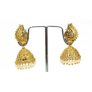                       Golden Pearl Drop Peacock Stud Jhumka Earring                                              