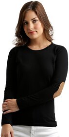 Women's Black Solid Round Neck Full Sleeves Elbow Patch Top