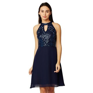 Women's Navy Blue Round Neck Sleeveless Solid Sequin Flowy Knee-Long Skater Dress