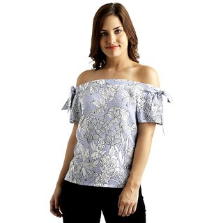 Women's Blue And White Off-shoulder Short Sleeve Striped And Floral Print Bardot Top