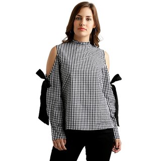 Women's Black And White Ruffled Round Neck Tie-Up Full Sleeve Cotton Checkered Frilled Cold Shoulder Top