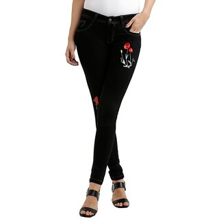 Women's Black Slim Fit High Rise Regular Length Applique Detailing Denim Jeans