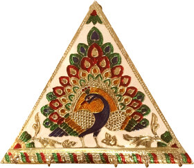 Golden Meenakari Peacock Triangular Key Holder With 6 Key Hooks (Functional Showpiece)
