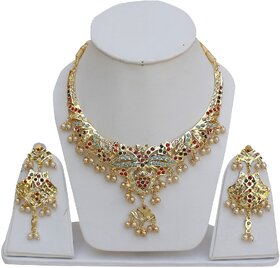 Lucky Jewellery Designer Multi Color Gold Plated Necklace With Earring For Girls & Women