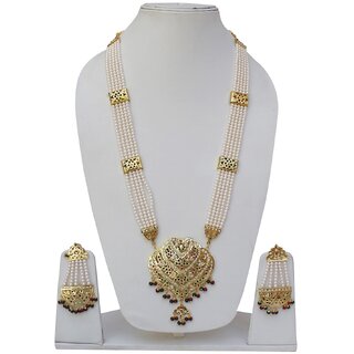Lucky Jewellery Designer Magenta Green Color Gold Plated Pearl Layered Guluband Necklace With Earring For Girls & Women