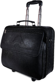 Charpe Black Genuine Leather 2 Wheeler Trolley/Weekender/Cabin/Overnight Bag