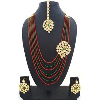                       Charming Jewelry Bridal Red Green Crystal Kundan Necklace 4pc Jewelry Set                                              