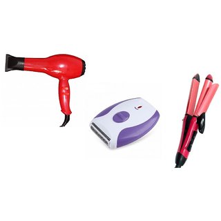 Combo Set Of 1600 Watt 2 Speed Hair Dryer + Double Headed Hair Remover For Women And 2 In 1 Hair Straightener And Curler