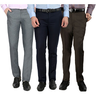 Gwalior Pack Of 3 Formal Trousers - Blue, Brown, Light Grey