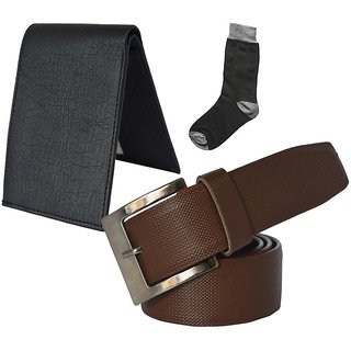 Sunshopping mens brown leatherite needle pin point buckle belt with black leatherite bifold wallet and black socks (Pack of three)
