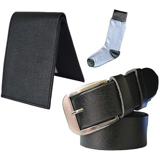 Sunshopping mens black leatherite needle pin point buckle belt with black leatherite bifold wallet and white socks (Pack of three)