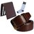 Sunshopping mens brown leatherite needle pin point buckle belt with brown leatherite bifold wallet and white socks (Pack of three)