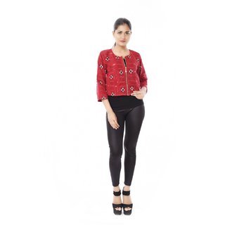 Trenditional Ikat Sambalpuri U Neck Half Sleeve Handloom Red Jacket For Women S