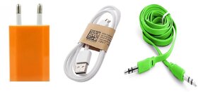 C2 - Combo of Wall charger, Data cable and Aux Cable for Smartphones (Assorted Colors)