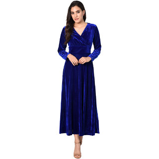 Code Yellow Women S Royal Blue Velvet V Neck Long Winter Dress Code Yellow Women S Royal Blue Velvet V Neck Long Winter Dress Wc 1620