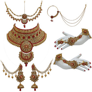 Lucky Jewellery Bridal Golden Red Color Alloy Gold Plated Wedding Jewellery Set