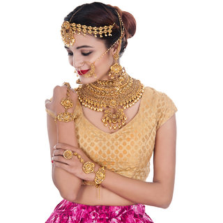                       Lucky Jewellery Bridal Golden Color Alloy Gold Plated Wedding Jewellery Set For Girls  Women                                              